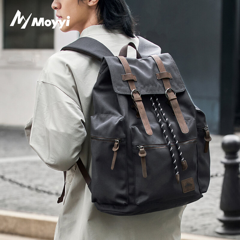 Hiking Backpack Waterproof - MOYYI 27L 大型フラップバックパック男性用巾着マルチポケットキャンバス 17.3 インチラップトップコンパートメントトラベルバッグハイキング用