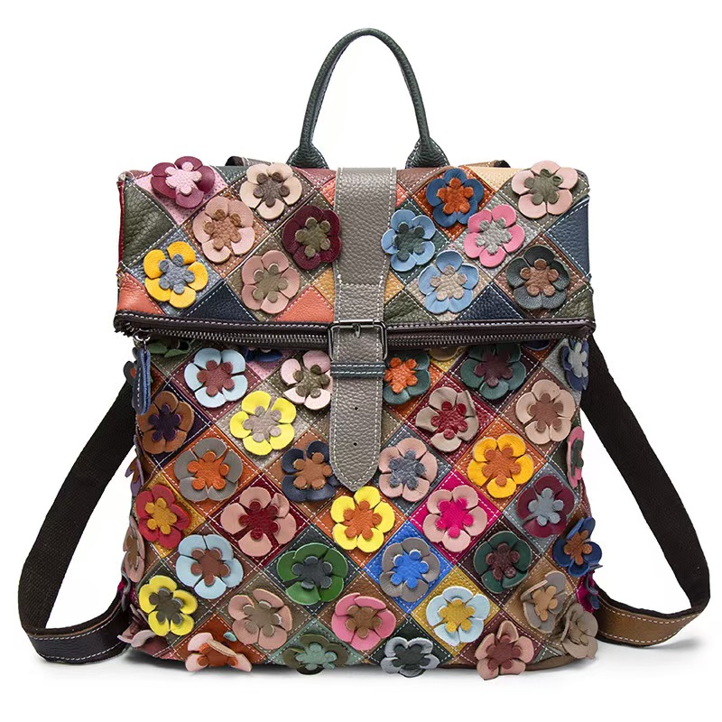 ヴィンテージ女性本革バックパックフラワーリアル牛革ショルダー - Fashion Backpack Women のレビューと価格