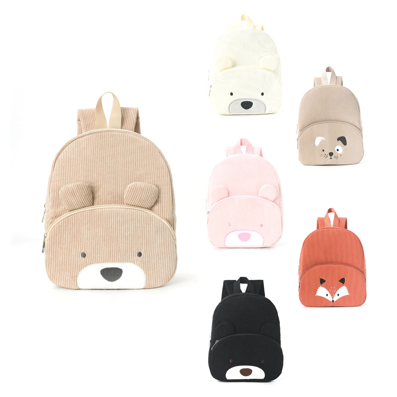 小学生向けキュートなクマ柄コーデュロイリュックサック、おしゃ - Canvas Backpack Casual のレビューと価格