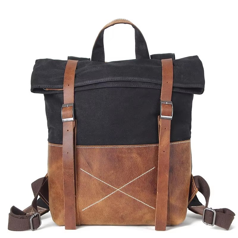 ファッションメンズバックパックワックスキャンバス牛革レザーバ - Leather Backpack Vintage のレビューと価格