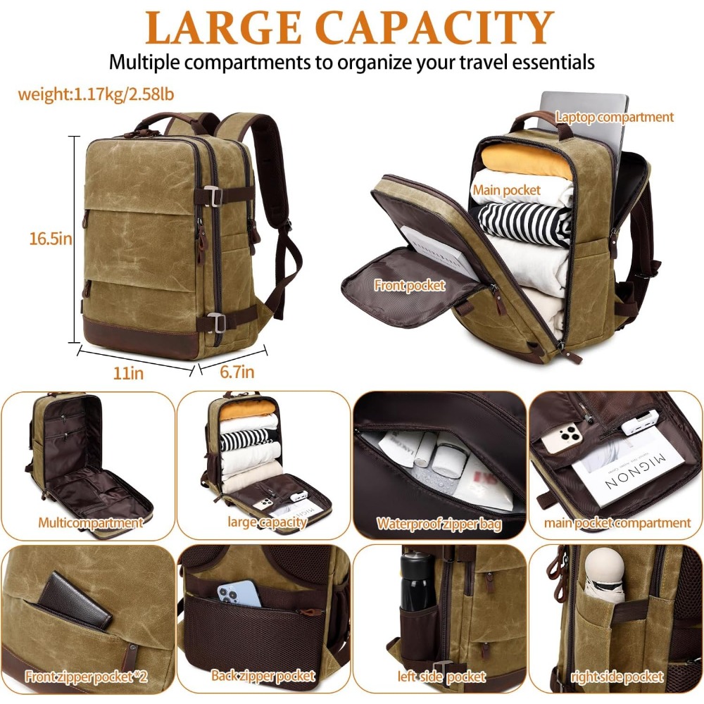 男性用トラベルバックパック - 機内持ち込み可能、フライト承 - Canvas Backpack Casual のレビューと価格