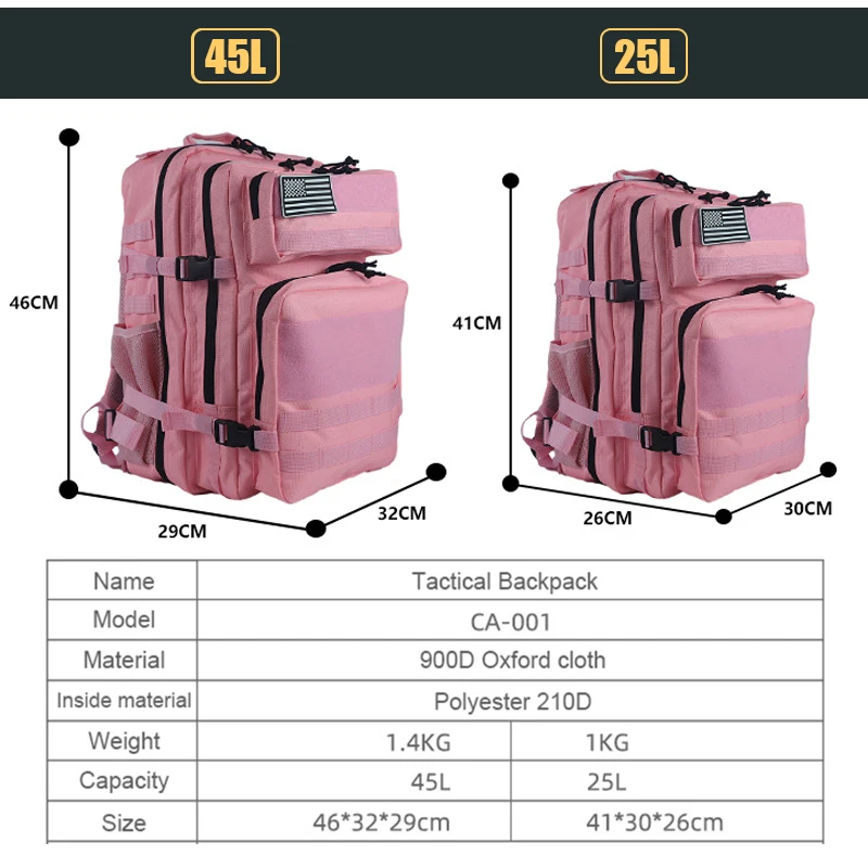 25L/45L 3P 戦術的なバックパック男性女性ピンク屋外 - Urban Backpack Tactical のレビューと価格